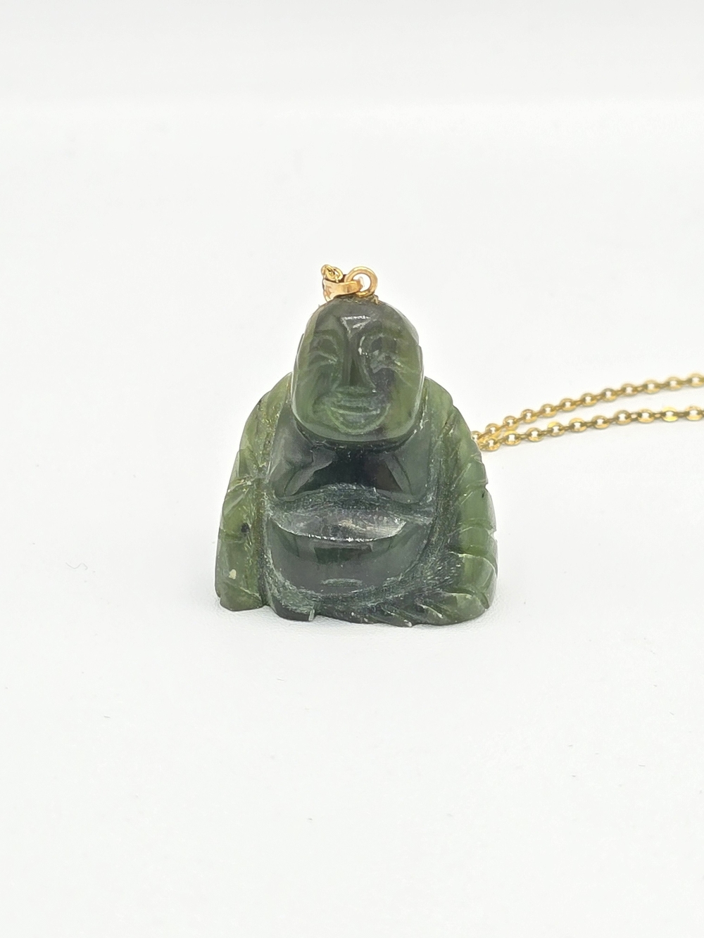 Vintage Carved Green Jade Stone Happy Buddha Gold Tone Pendant Necklace